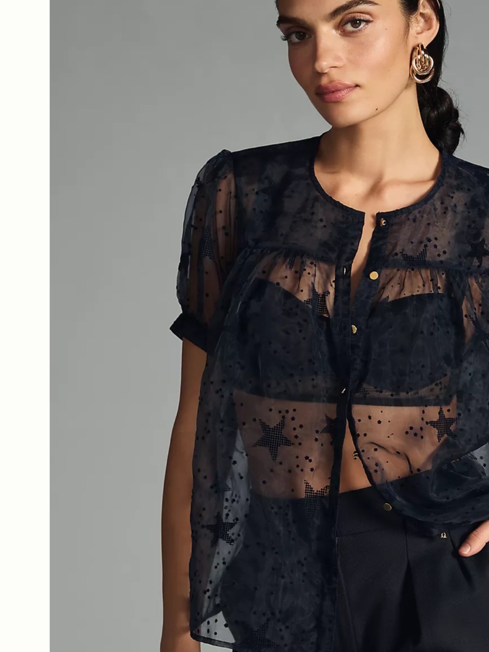 Sheer Star-Print Short Sleeve Blouse - dark navy elegant 4th of July